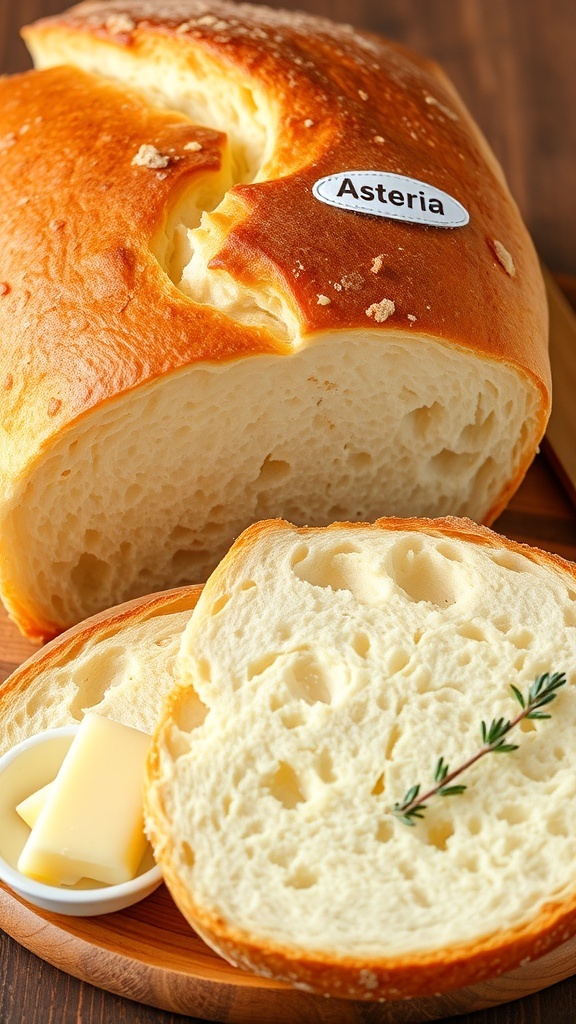 A golden brown loaf of Asteria bread sliced on a wooden board with butter and herbs.
